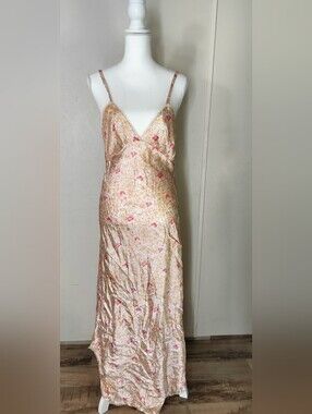 Floral Satin Slip Dress in Pink & Gold